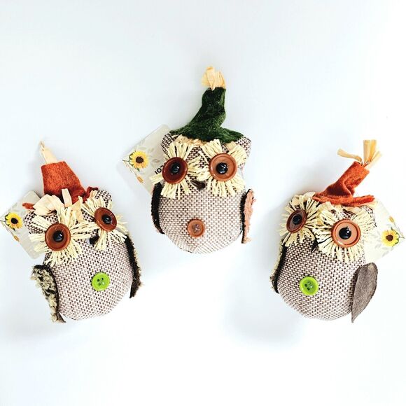 Scarecrow OWLS Lot 3 Burlap Halloween Fall Thanksgiving Ornaments Harvest NWT! - Picture 7 of 12
